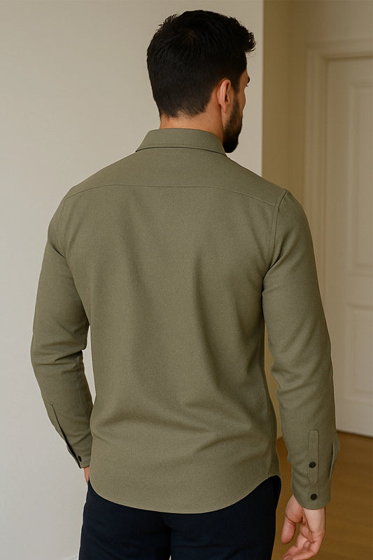 Men Spring And Summer Solid Color Loose Casual Long-Sleeved Shirt Army Green Color - XPST