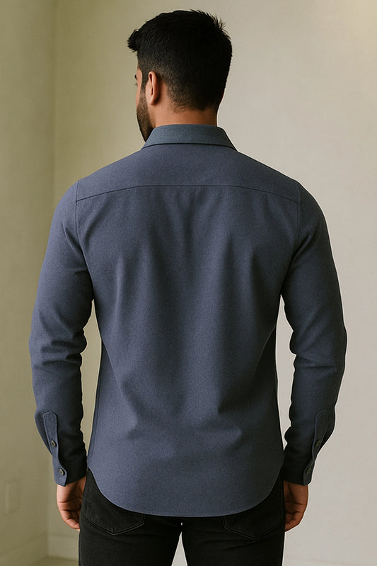 Men Spring And Summer Solid Color Loose Casual Long-Sleeved Shirt Blue Color - XPST