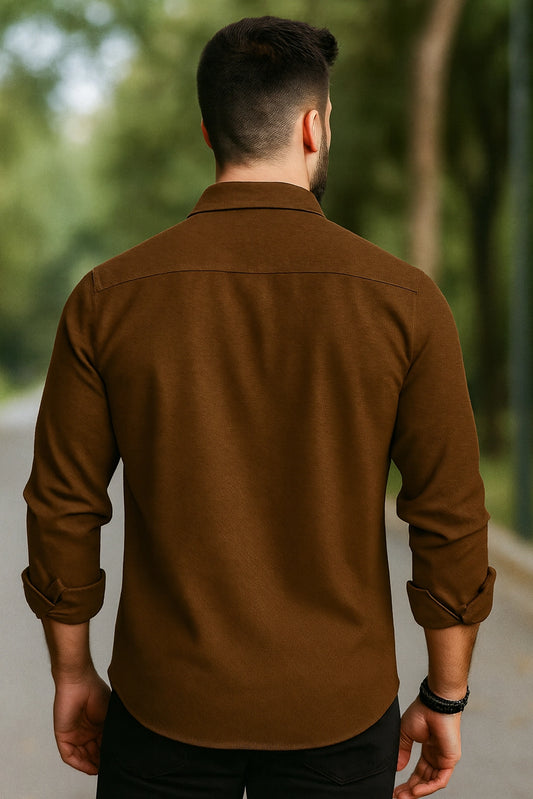 Men Spring And Summer Solid Color Loose Casual Long-Sleeved Shirt Brown Color - XPST