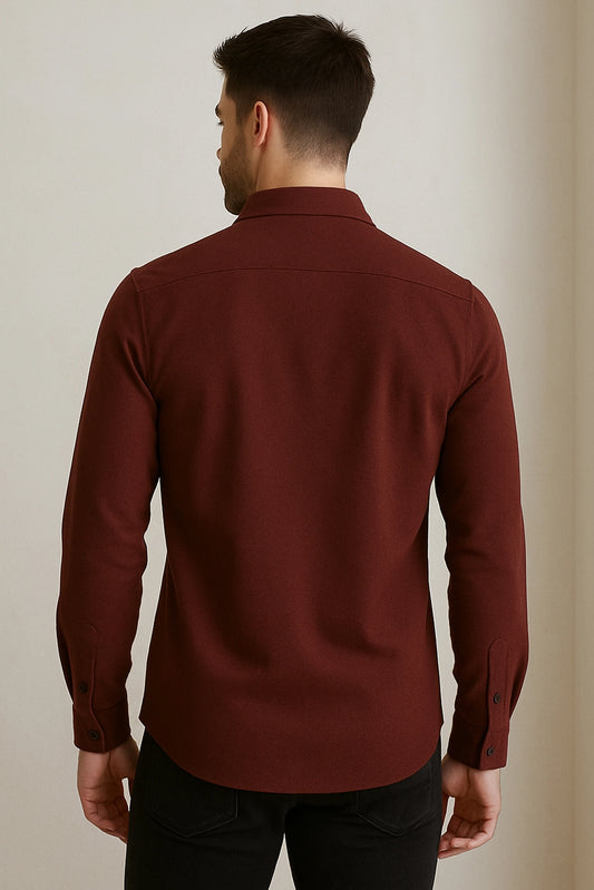 Men Spring And Summer Solid Color Loose Casual Long-Sleeved Shirt Burgundy Color - XPST