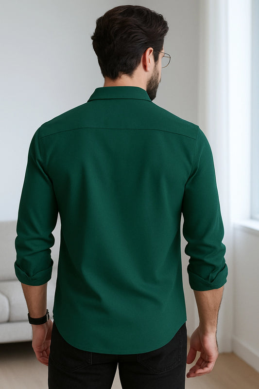 Men Spring And Summer Solid Color Loose Casual Long-Sleeved Shirt Dark Green Color - XPST