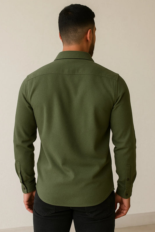 Men Spring And Summer Solid Color Loose Casual Long-Sleeved Shirt Green Color - XPST