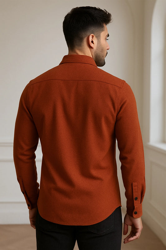 Men Spring And Summer Solid Color Loose Casual Long-Sleeved Shirt Orange Color - XPST