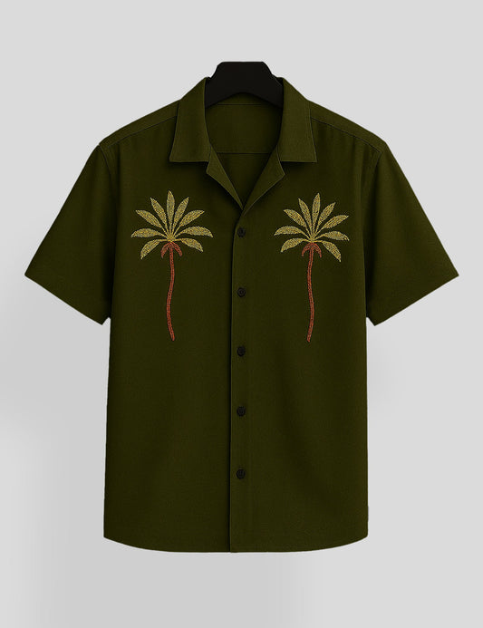 Green Coconut Tree Printed Mens Premium Cotton Half Sleeve Shirt - XPST
