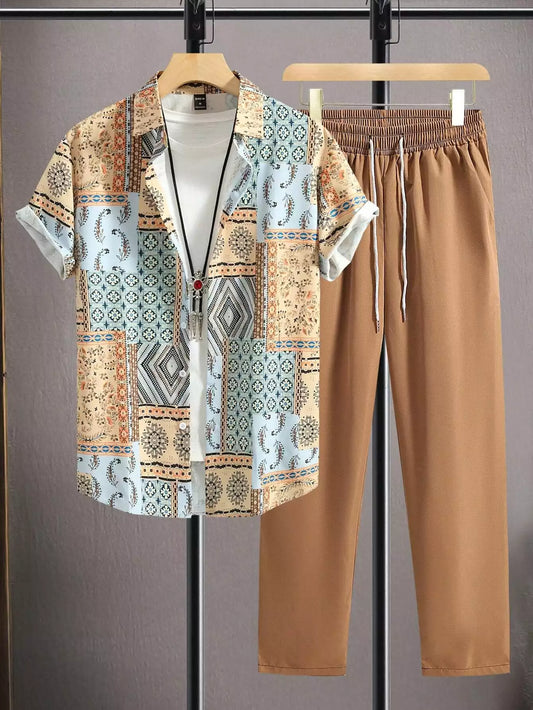 CLASSY BROWN MANDALA Mens Full Set Trouser and Shirt Half Sleeves - XPCRDF