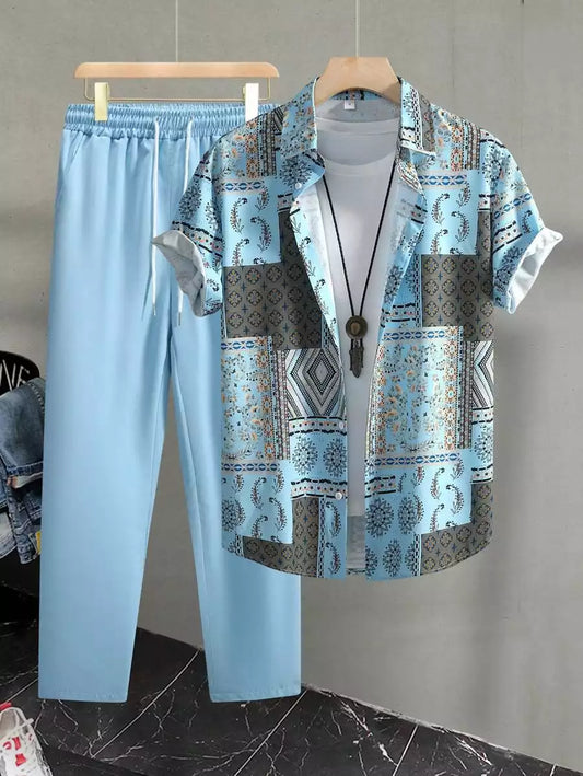 CLASSY SKYBLUE MANDALA Mens Full Set Trouser and Shirt Half Sleeves - XPCRDF