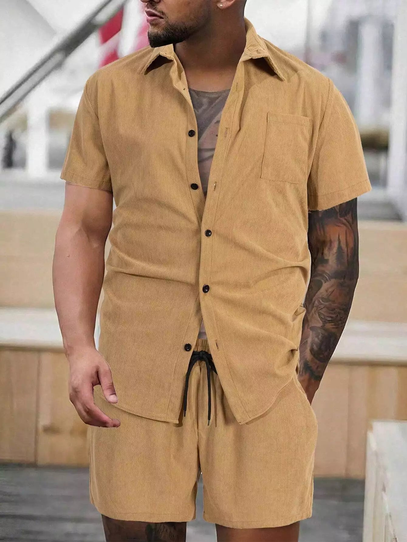 CORDS BROWN POCKET Design Mens Half Sleeves Premium Cords Cotton Material - XPCRDH
