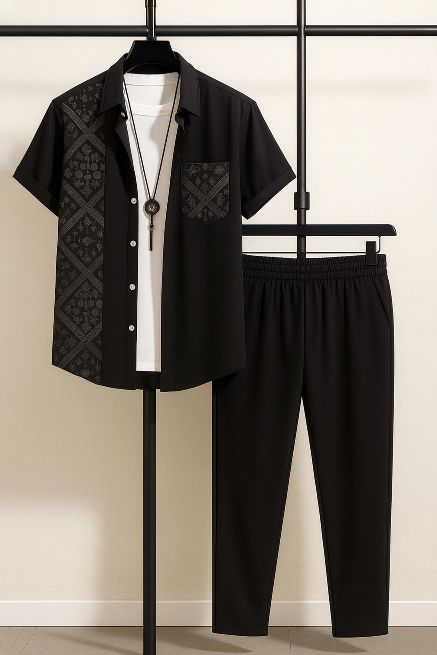Black Design Men's Casual Half Sleeve Shirt and Full Pant Set - XPCRDF