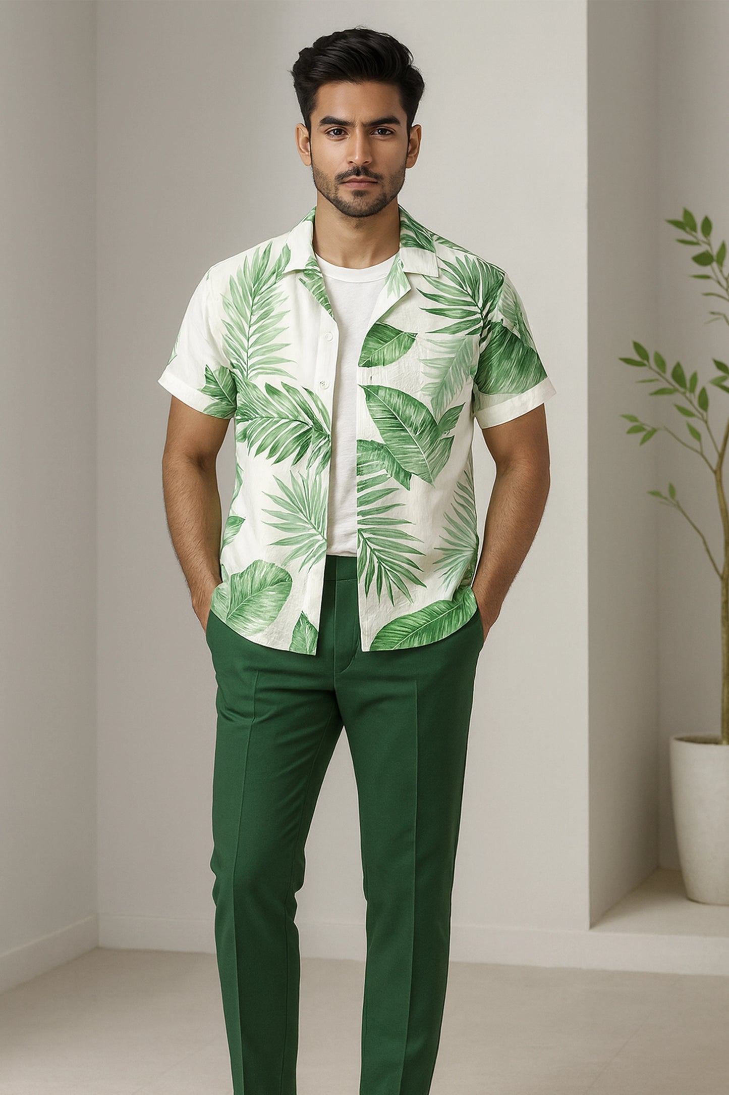 Green Leaf Men's Casual Half Sleeve Shirt and Full Pant Set - XPCRDF