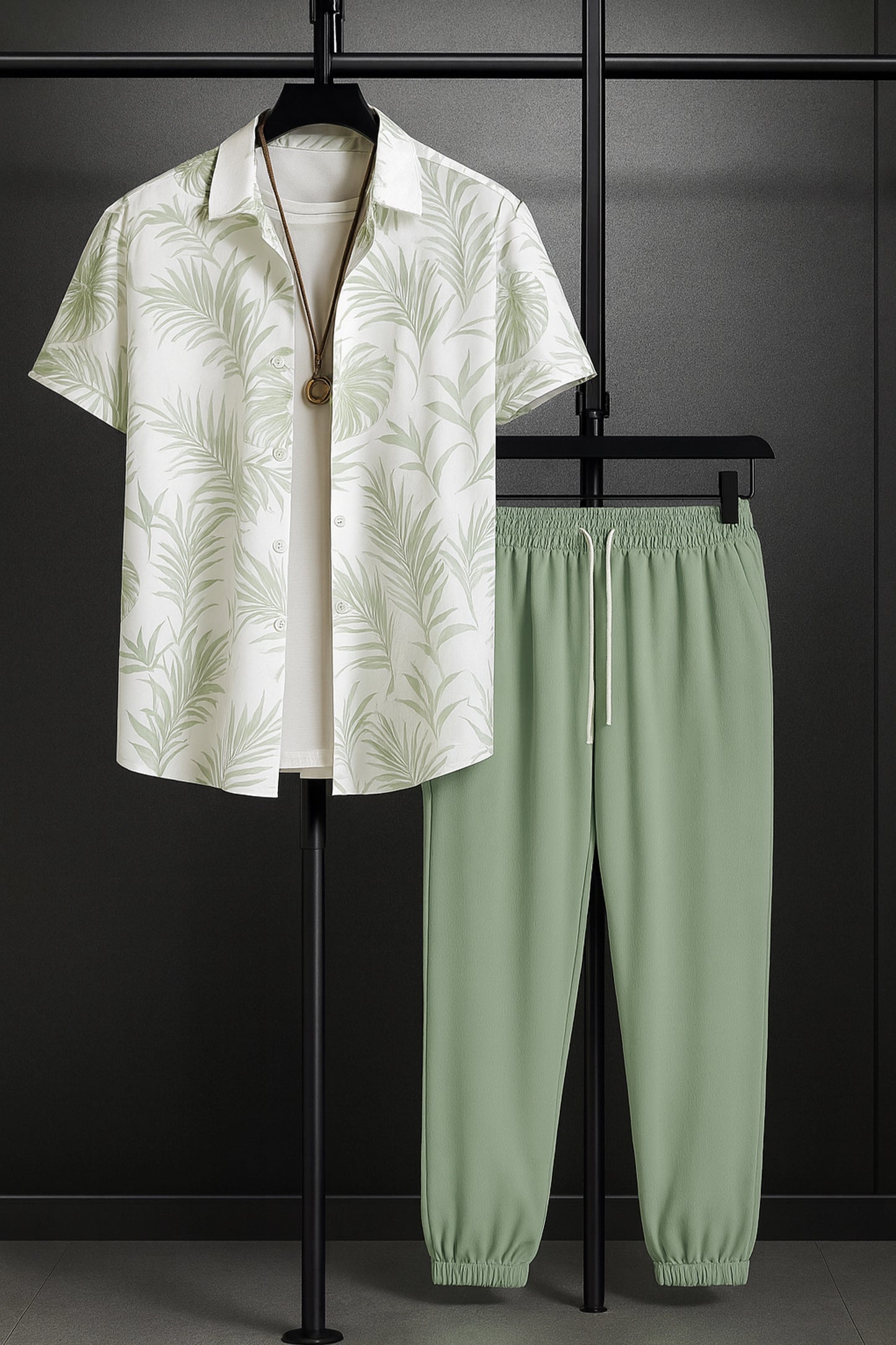 Leafy White Men's Casual Half Sleeve Shirt and Full Pant Set - XPCRDF