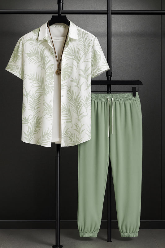 Leafy White Men's Casual Half Sleeve Shirt and Full Pant Set - XPCRDF