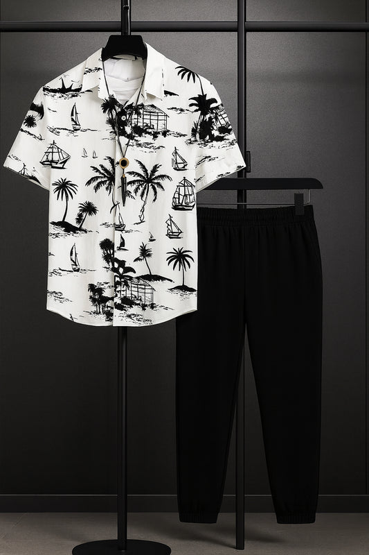 White Beach Men's Casual Half Sleeve Shirt and Full Pant Set - XPCRDF
