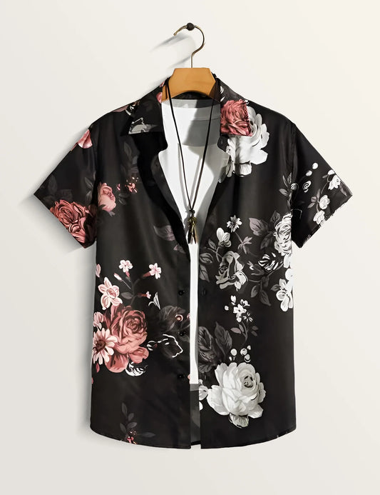 Black Rose Printed Classic Cotton Comfort Shirt for Men - XPST