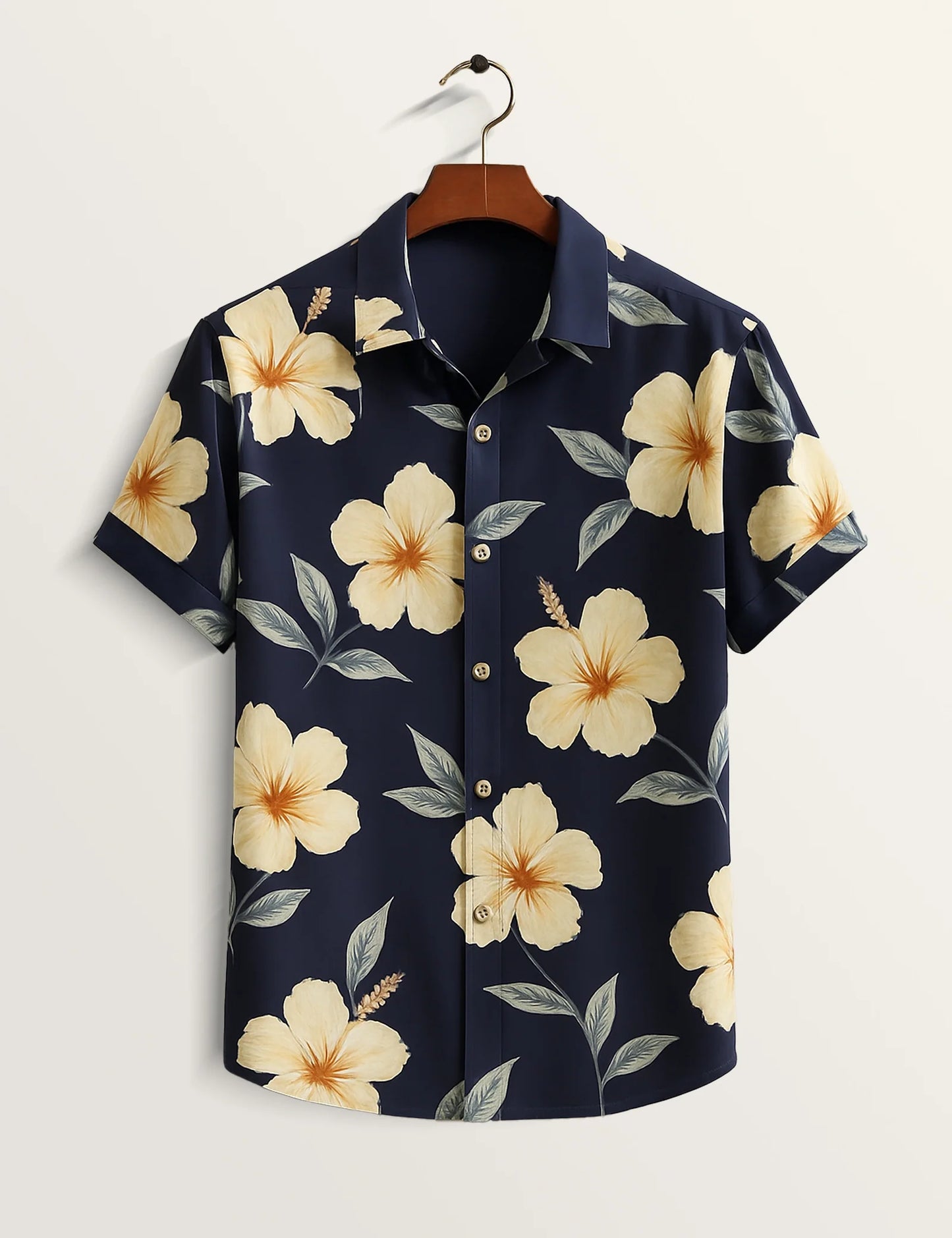 Navy Blue Hibiscus Printed Refined Cotton Daily Shirt for Men - XPST