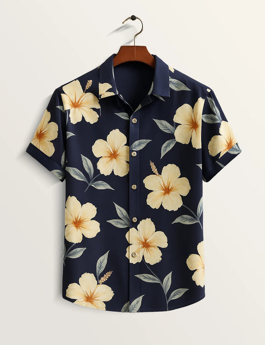 Navy Blue Hibiscus Printed Refined Cotton Daily Shirt for Men - XPST