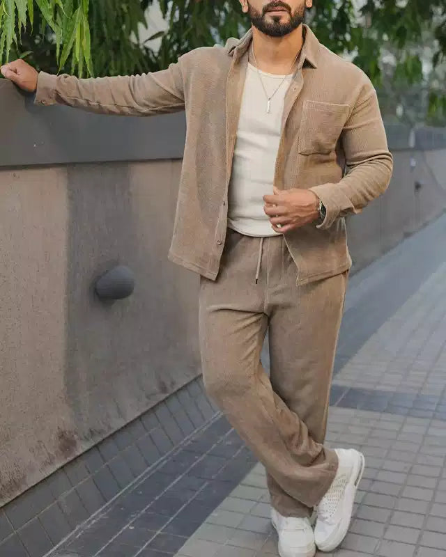 Khaki Color Luxury Korean Style Full Co-Ord Set Trouser and Shirt - XPCRDF