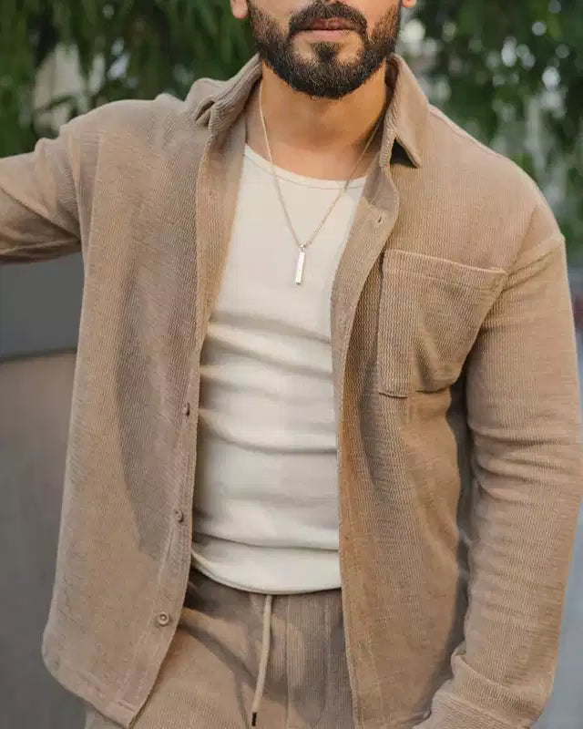 Khaki Color Luxury Korean Style Full Co-Ord Set Trouser and Shirt - XPCRDF