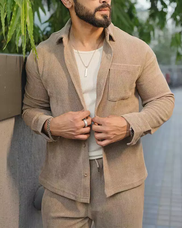 Khaki Color Luxury Korean Style Full Co-Ord Set Trouser and Shirt - XPCRDF