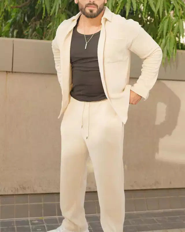 White Color Luxury Korean Style Full Co-Ord Set Trouser and Shirt - XPCRDF