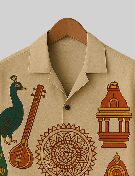 Festival Printed Mens Relaxed Cotton Shirt Short Sleeves - XPST