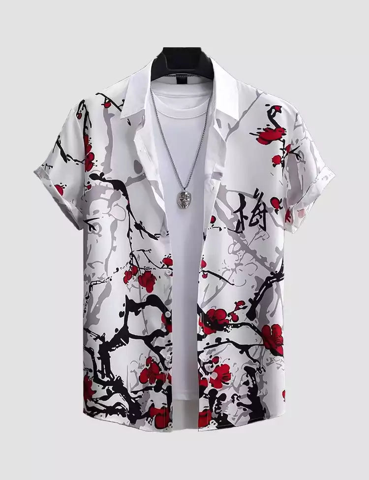 WHITE RED  Design Mens Half Sleeves Cotton Shirts - XPST