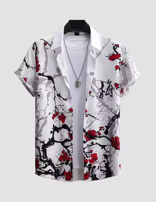 WHITE RED  Design Mens Half Sleeves Cotton Shirts - XPST