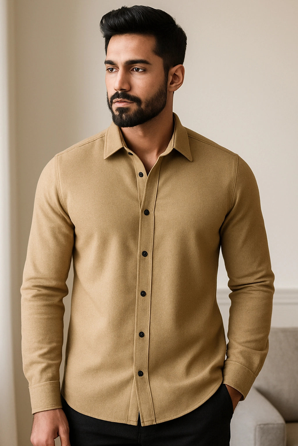Men Spring And Summer Solid Color Loose Casual Long-Sleeved Shirt Apricot Color - XPST