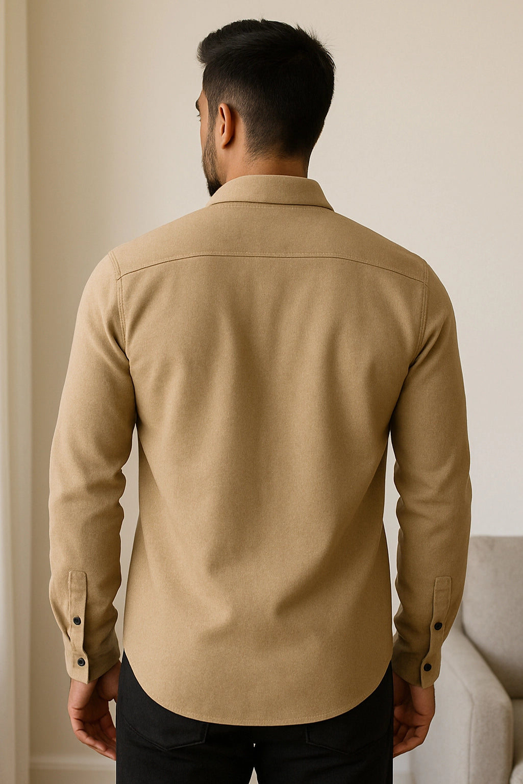 Men Spring And Summer Solid Color Loose Casual Long-Sleeved Shirt Apricot Color - XPST