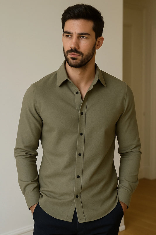Men Spring And Summer Solid Color Loose Casual Long-Sleeved Shirt Army Green Color - XPST