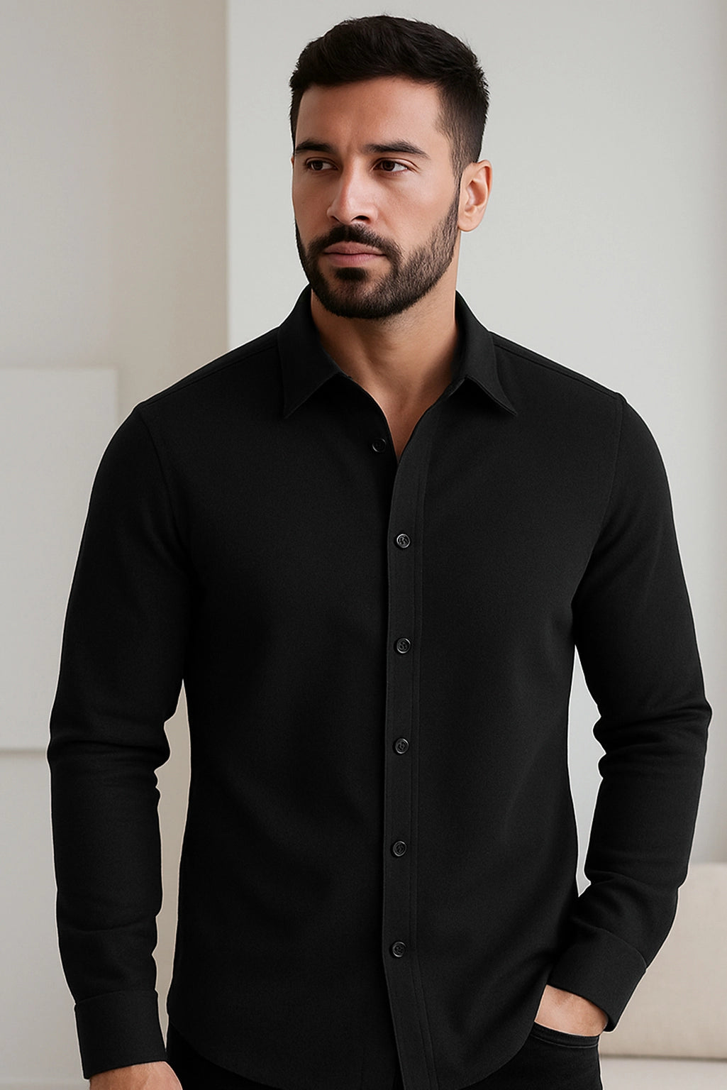 Men Spring And Summer Solid Color Loose Casual Long-Sleeved Shirt Black Color - XPST