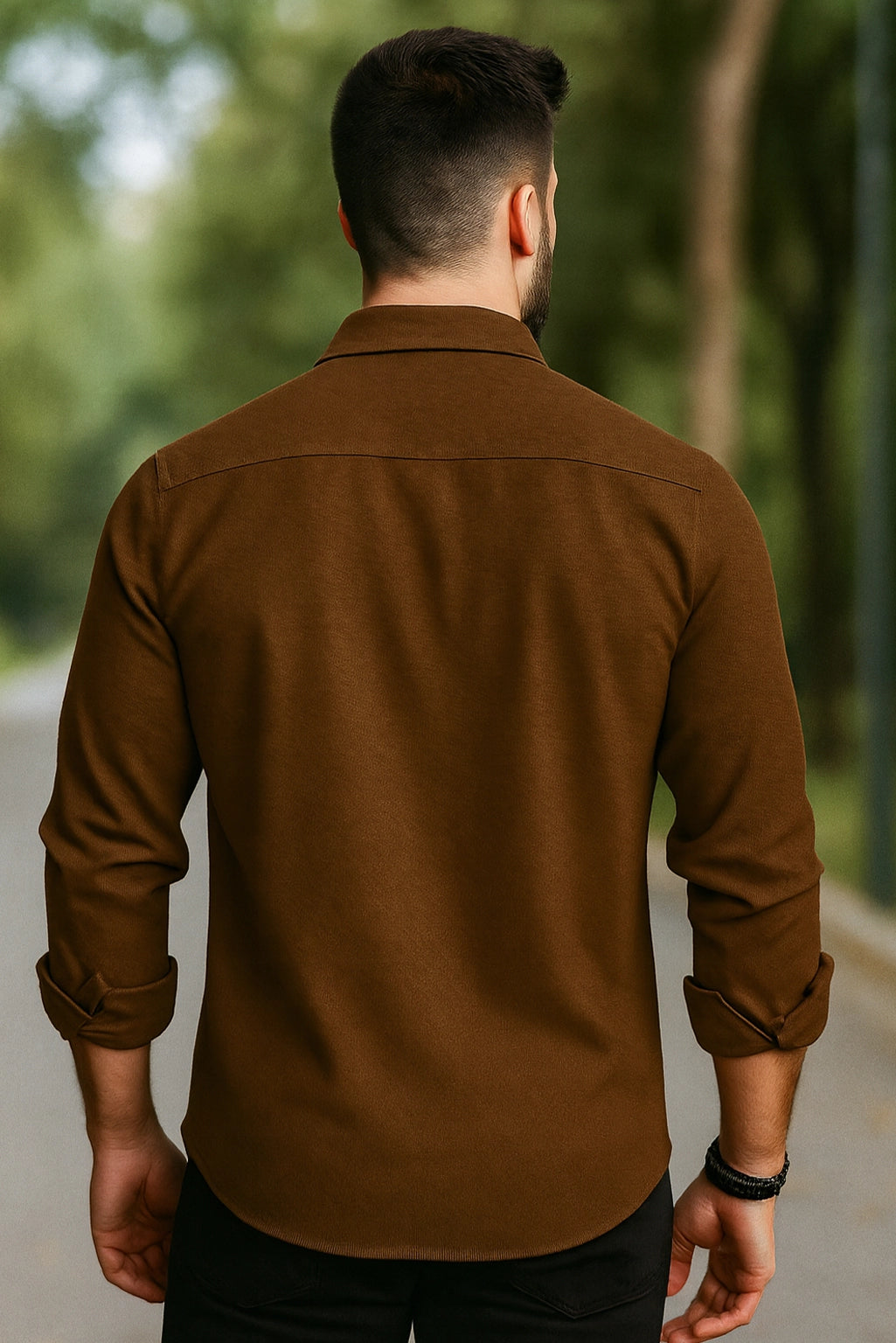 Men Spring And Summer Solid Color Loose Casual Long-Sleeved Shirt Brown Color - XPST