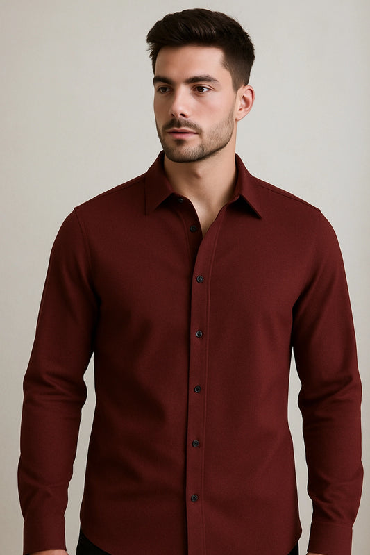 Men Spring And Summer Solid Color Loose Casual Long-Sleeved Shirt Burgundy Color - XPST