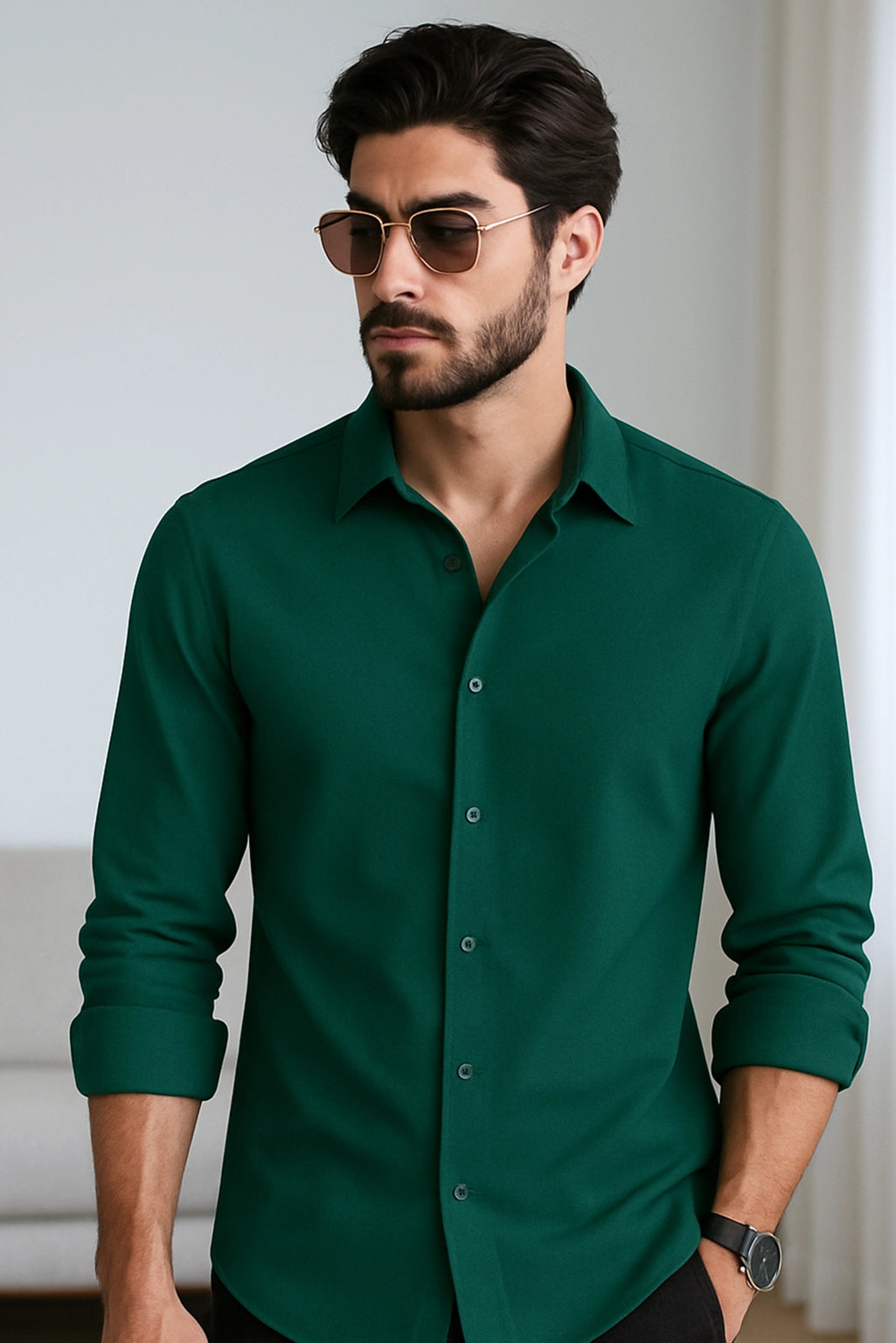 Men Spring And Summer Solid Color Loose Casual Long-Sleeved Shirt Dark Green Color - XPST