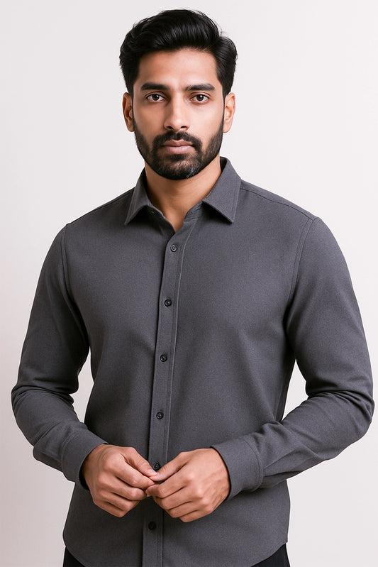 Men Spring And Summer Solid Color Loose Casual Long-Sleeved Shirt Dark Grey Color - XPST