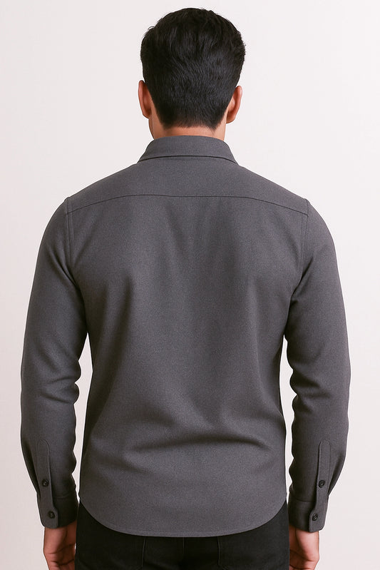 Men Spring And Summer Solid Color Loose Casual Long-Sleeved Shirt Dark Grey Color - XPST