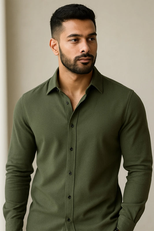 Men Spring And Summer Solid Color Loose Casual Long-Sleeved Shirt Green Color - XPST