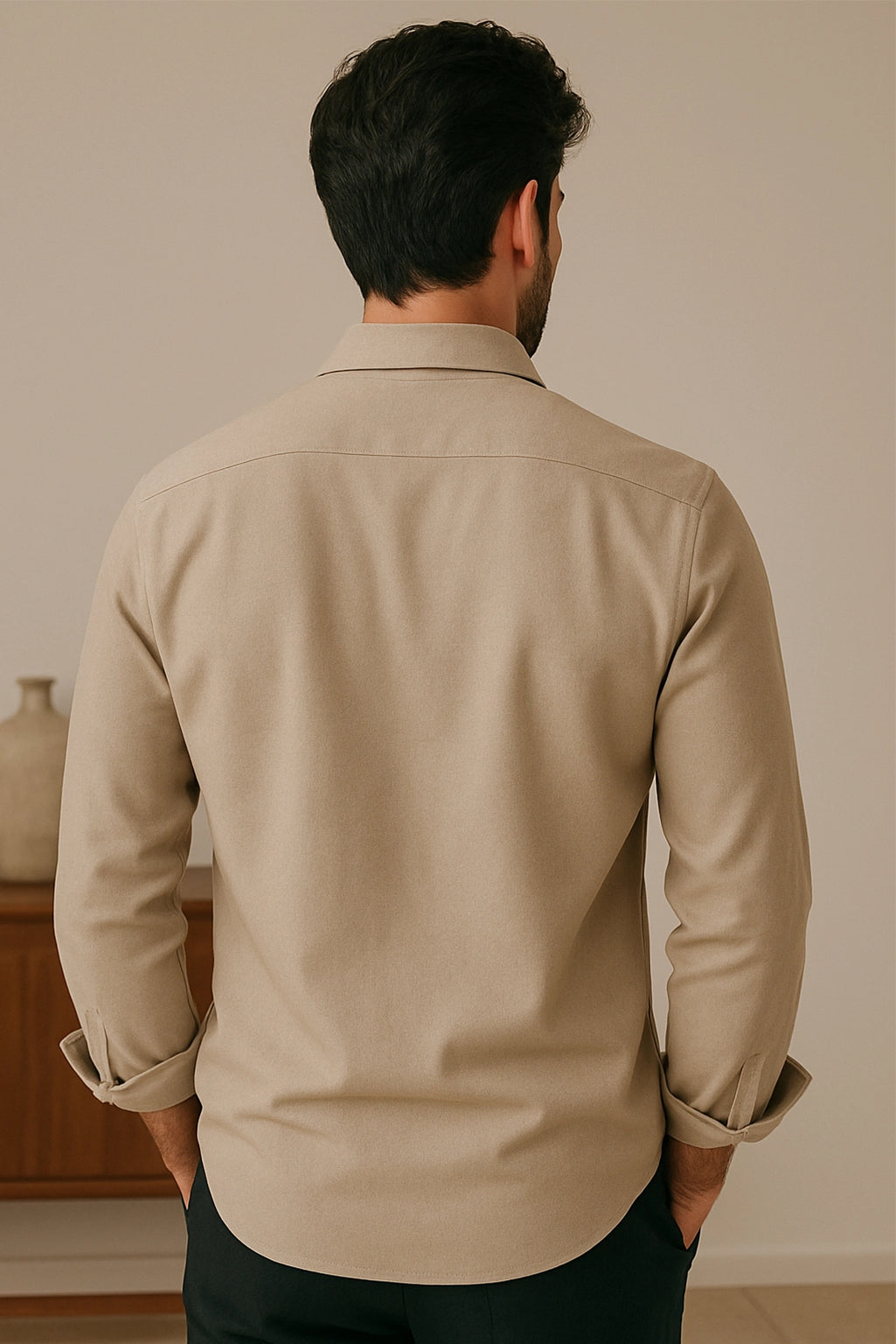 Men Spring And Summer Solid Color Loose Casual Long-Sleeved Shirt Khaki Color - XPST