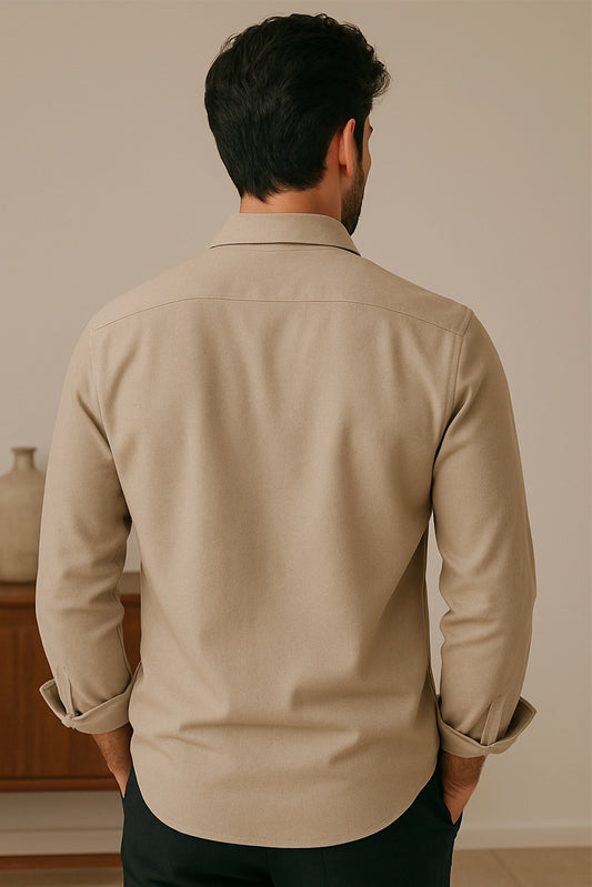 Men Spring And Summer Solid Color Loose Casual Long-Sleeved Shirt Khaki Color - XPST