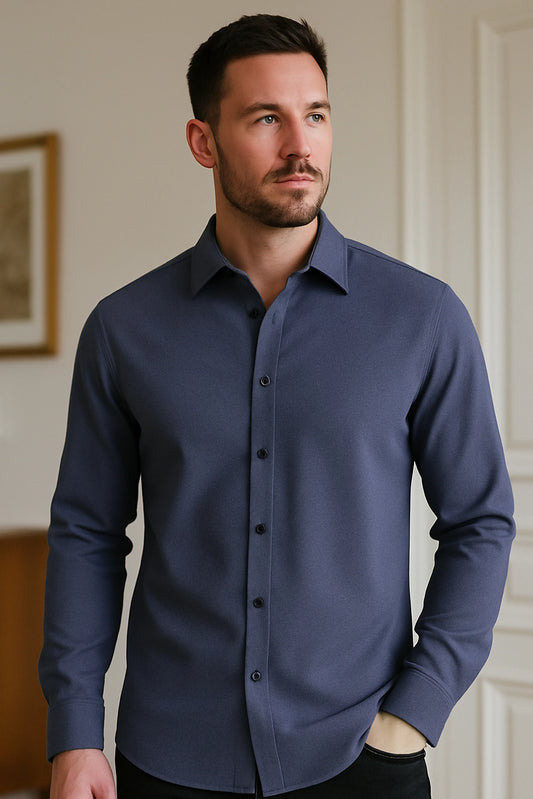 Men Spring And Summer Solid Color Loose Casual Long-Sleeved Shirt Navy Blue Color - XPST