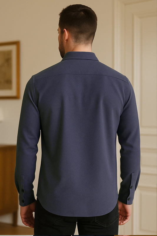 Men Spring And Summer Solid Color Loose Casual Long-Sleeved Shirt Navy Blue Color - XPST