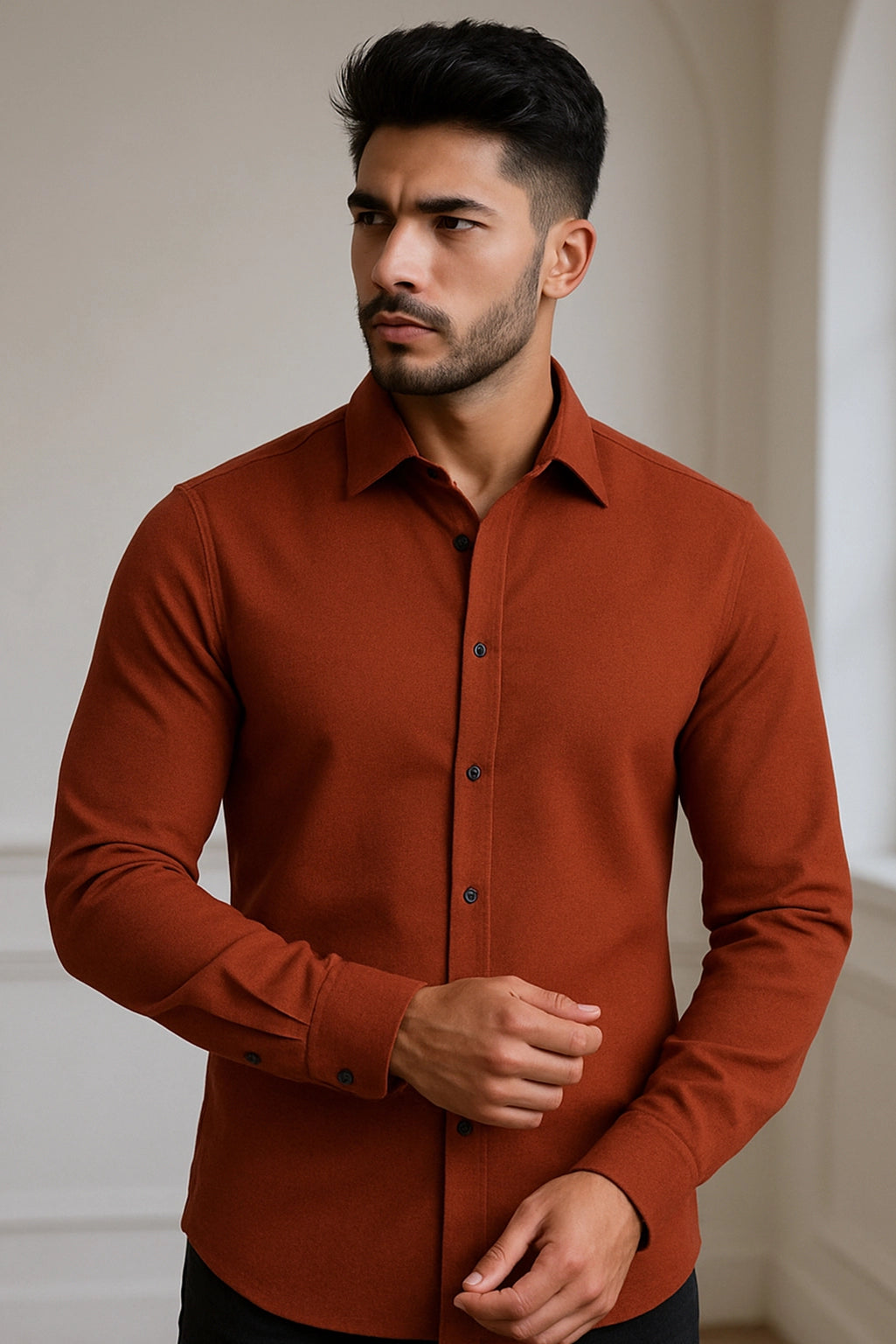 Men Spring And Summer Solid Color Loose Casual Long-Sleeved Shirt Orange Color - XPST