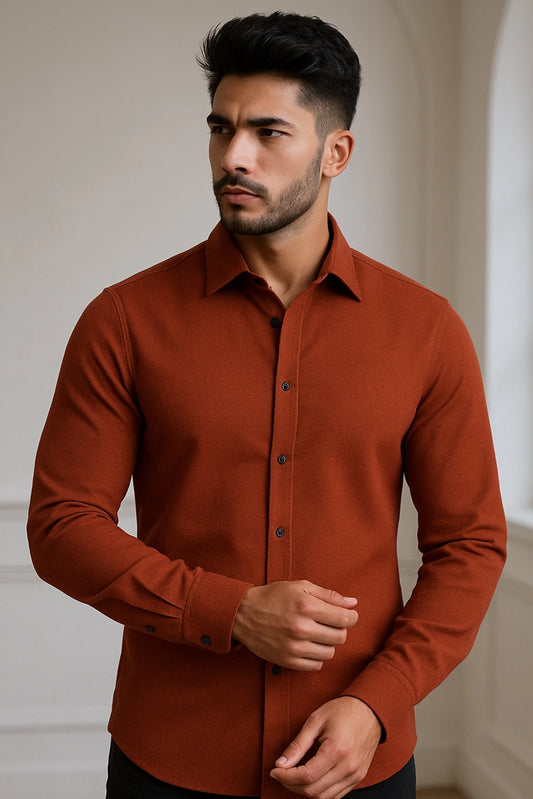 Men Spring And Summer Solid Color Loose Casual Long-Sleeved Shirt Orange Color - XPST