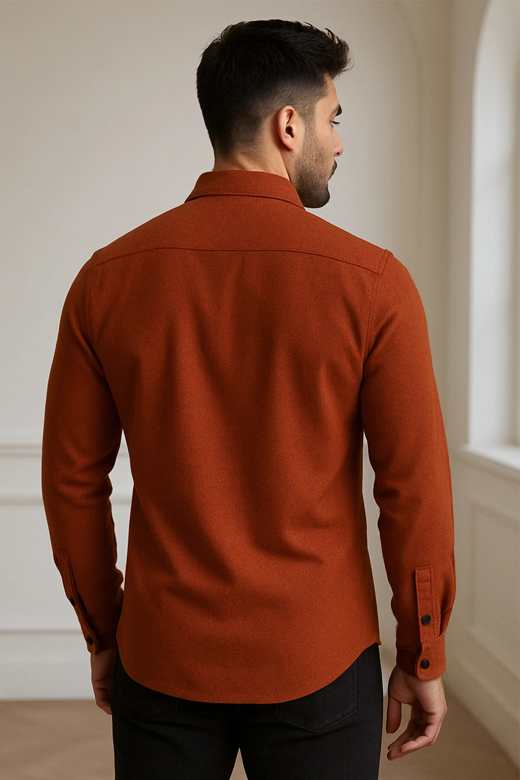 Men Spring And Summer Solid Color Loose Casual Long-Sleeved Shirt Orange Color - XPST