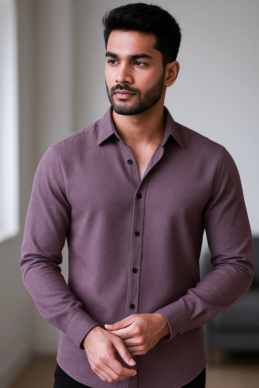 Men Spring And Summer Solid Color Loose Casual Long-Sleeved Shirt Purple Color - XPST