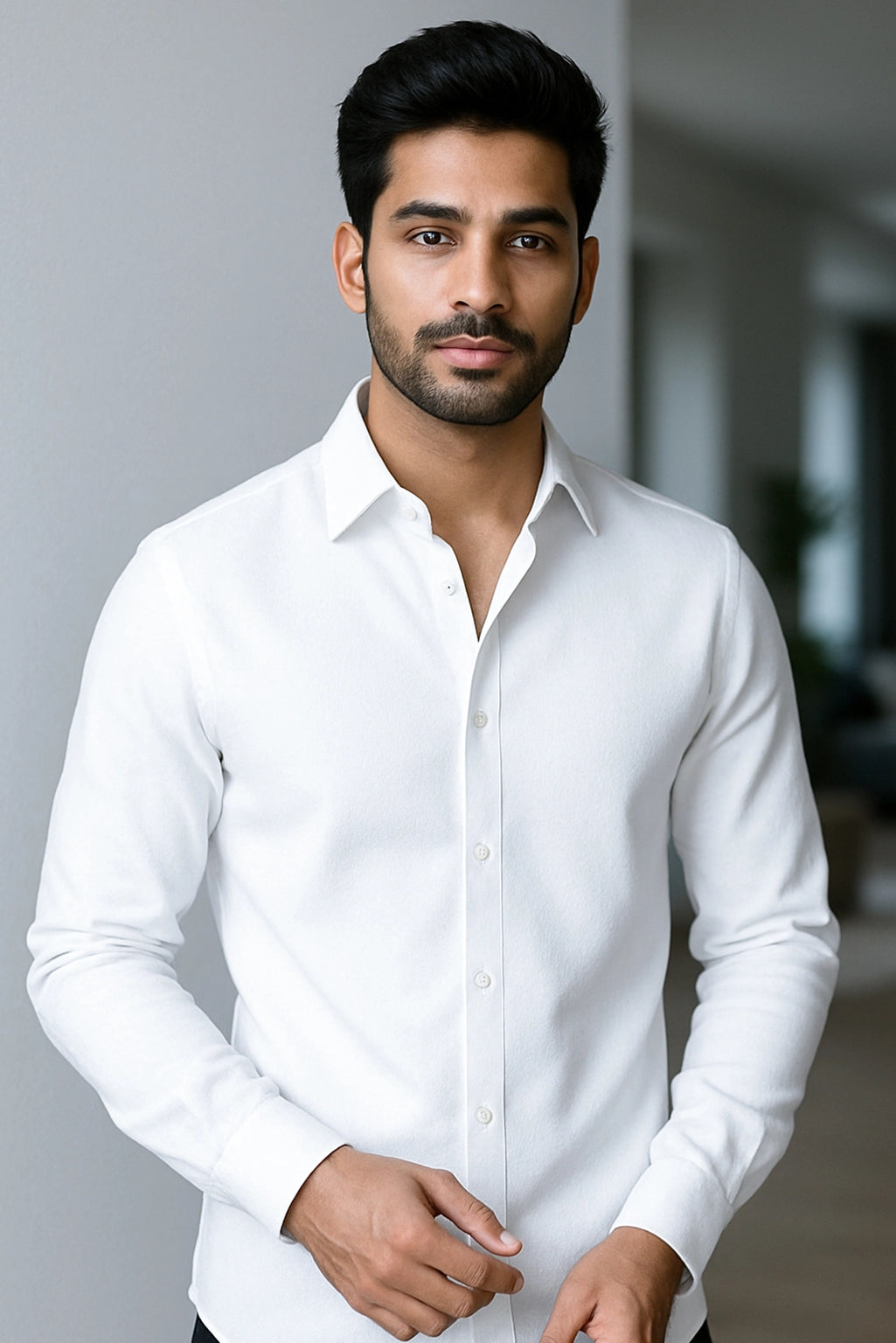 Men Spring And Summer Solid Color Loose Casual Long-Sleeved Shirt White Color - XPST