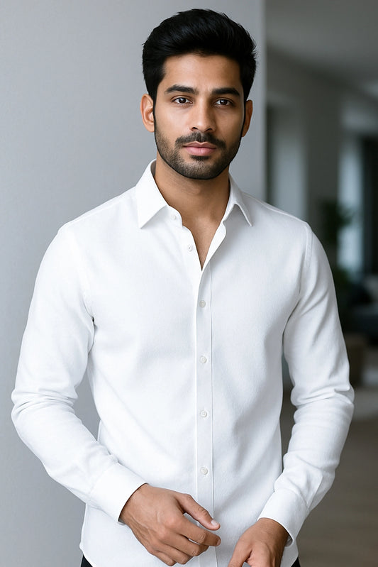 Men Spring And Summer Solid Color Loose Casual Long-Sleeved Shirt White Color - XPST